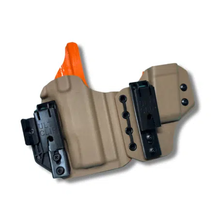 IWB sidecar holster for a Glock 26 in FDE fall front and hunter orange rear kydex