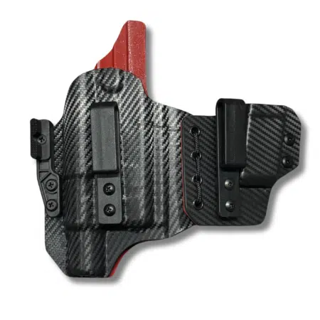 IWB sidecar for the Glock 19 w/ Olight PL Pro. In black carbon fiber kydex (front) blood red carbon fiber kydex (rear)