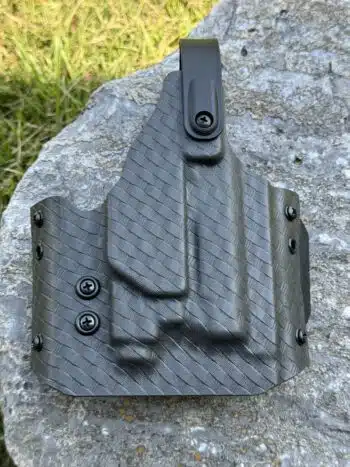 OWB pancake for Bersa Thunder Pro 9 w/ Olight Baldr S in basketweave storm gray kydex