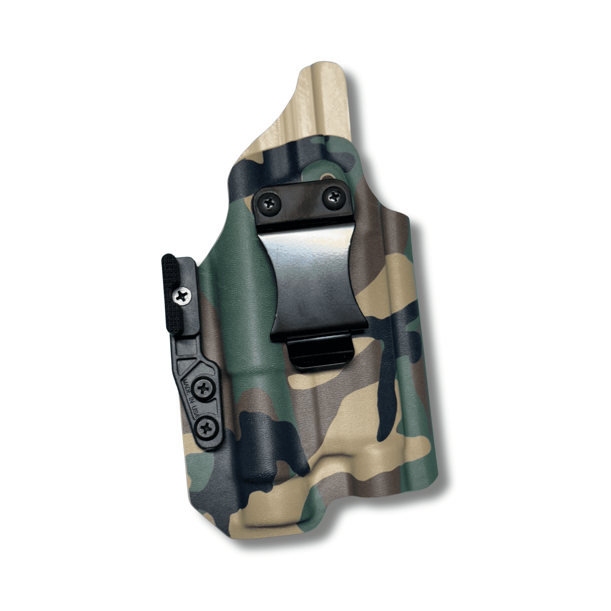 IWB for PSA Dagger with a Olight PL-3 in woodland camo kydex