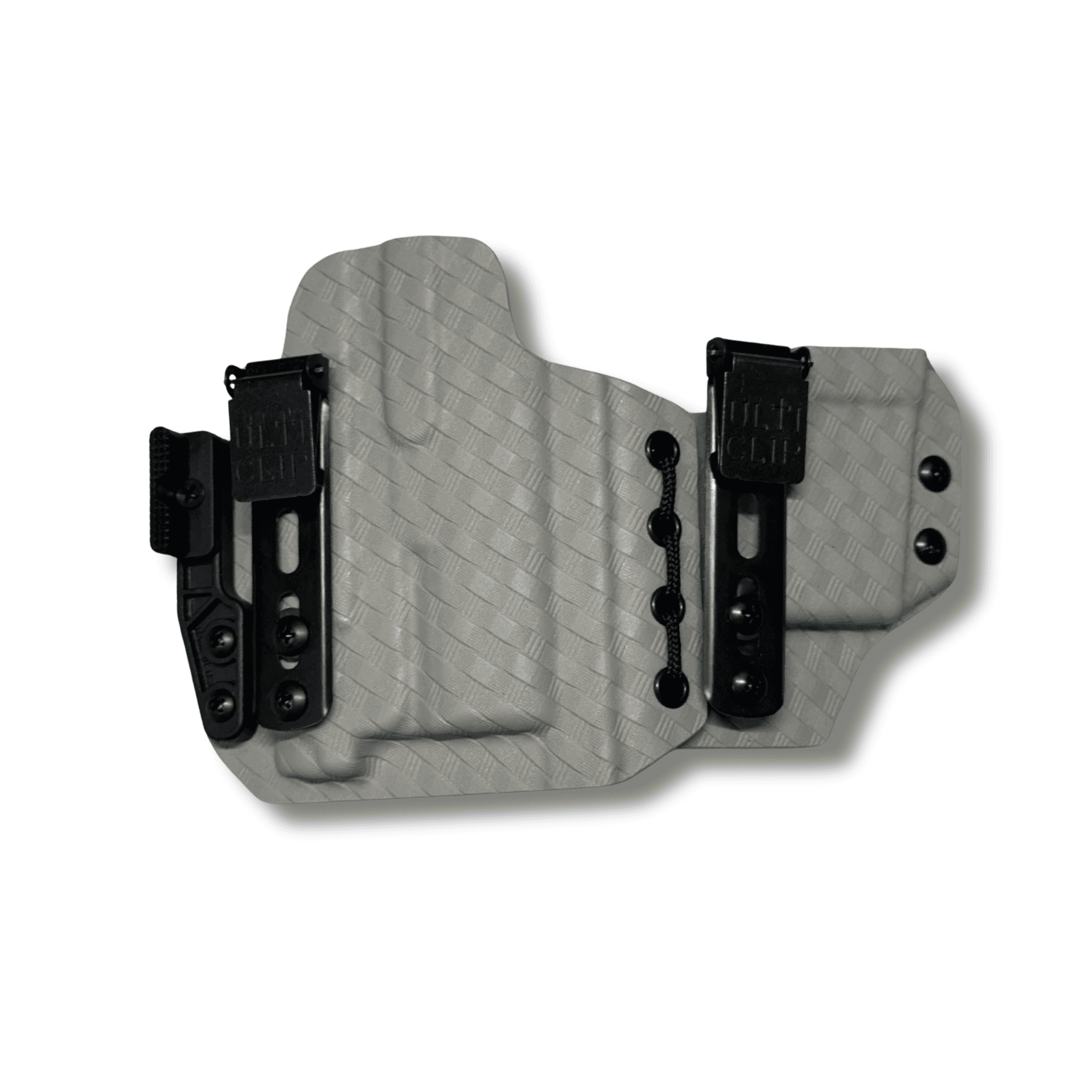 Iwb sidecar for a H&K VP9SK with a Olight Baldr mini in battleship gray basketweave kydex