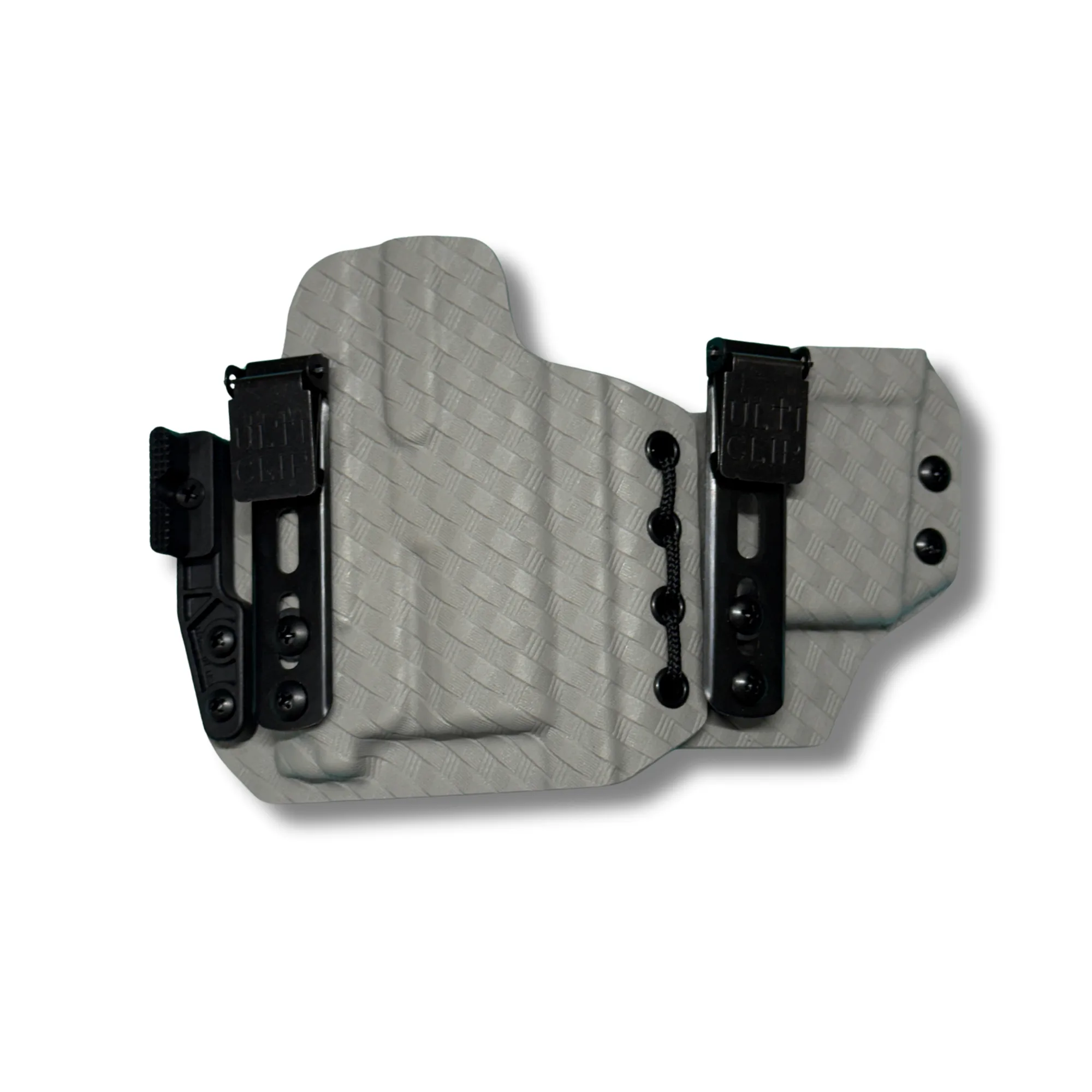 Iwb sidecar for a H&K VP9SK with a Olight Baldr mini in battleship gray basketweave kydex